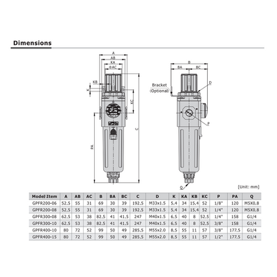 GPFR40010LJDT AIRTAC COALESCING FILTER/REGULATOR<BR>GPFR400 SERIES 3/8" NPT 20-58 PSI 0.01 MIC